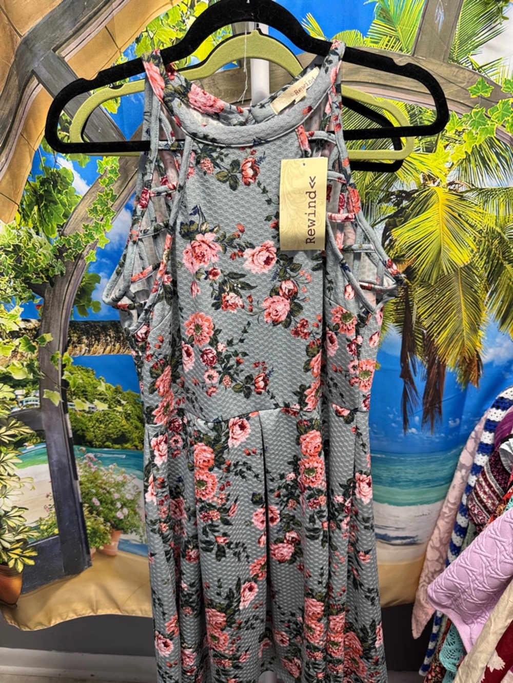 Rewind Pink Rose Cold-Shoulder Midi Dress on Dusty Blue